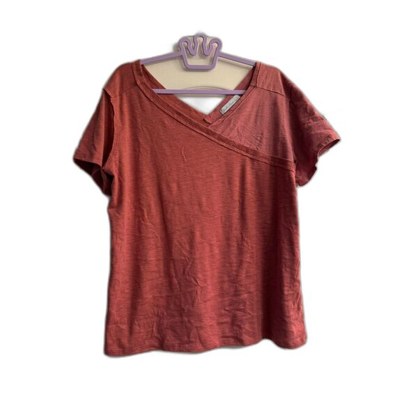 Short Sleeve Rust Solid and Striped V Neck Shirt XL - Picture 2 of 7